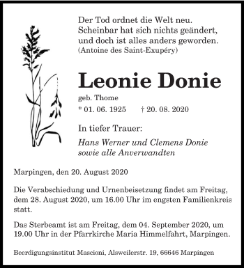 Todesanzeige von Leonie Donie von saarbruecker_zeitung