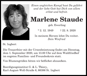 Todesanzeige von Marlene Staude von saarbruecker_zeitung