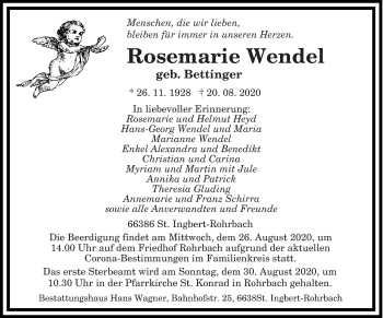 Todesanzeige von Rosemarie Wendel von saarbruecker_zeitung