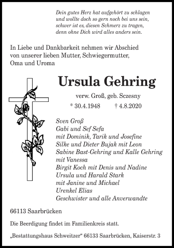 Todesanzeige von Ursula Gehring von saarbruecker_zeitung
