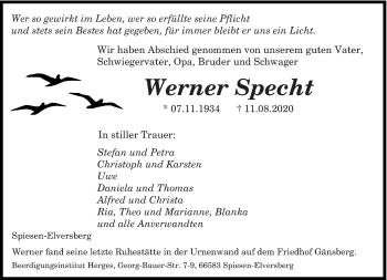 Todesanzeige von Werner Specht von saarbruecker_zeitung