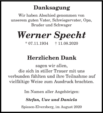 Todesanzeige von Werner Specht von saarbruecker_zeitung