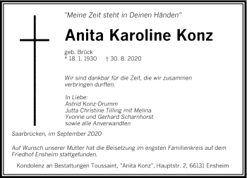 Todesanzeige von Anita Karoline Konz von saarbruecker_zeitung