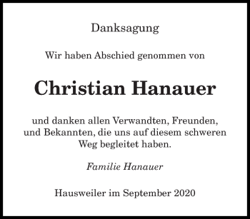 Todesanzeige von Christian Hanauer von saarbruecker_zeitung