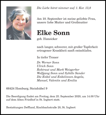 Todesanzeige von Elke Sonn von saarbruecker_zeitung