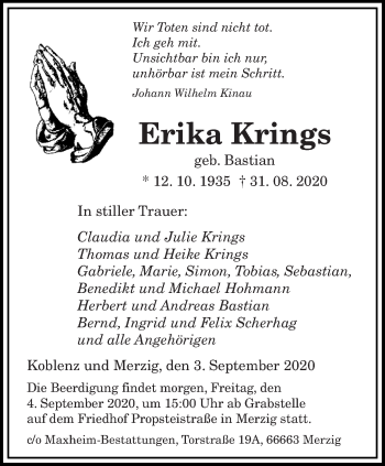 Todesanzeige von Erika Krings von saarbruecker_zeitung