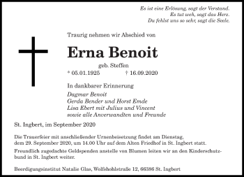 Todesanzeige von Erna Benoit von saarbruecker_zeitung