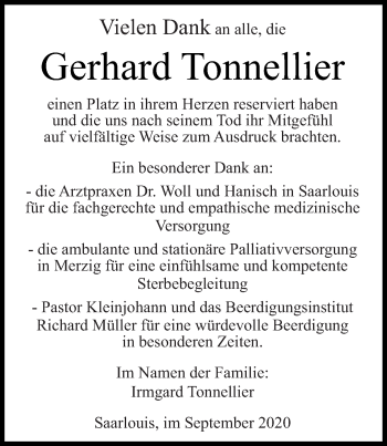 Todesanzeige von Gerhard Tonnellier von saarbruecker_zeitung