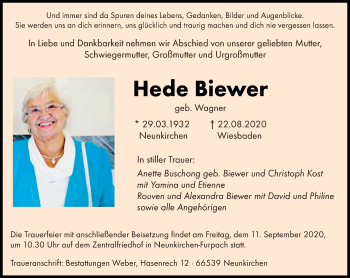 Todesanzeige von Hede Biewer von saarbruecker_zeitung
