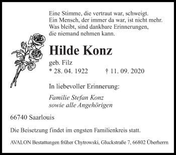 Todesanzeige von Hilde Konz von saarbruecker_zeitung