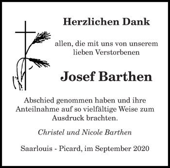 Todesanzeige von Josef Barthen von saarbruecker_zeitung