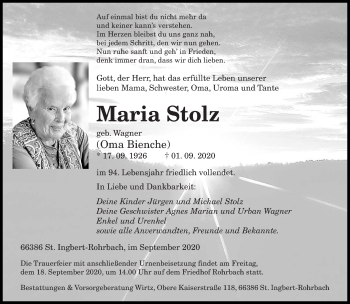 Todesanzeige von Maria Stolz von saarbruecker_zeitung