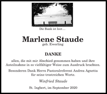 Todesanzeige von Marlene Staude von saarbruecker_zeitung
