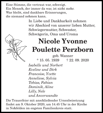 Todesanzeige von Nicole Yvonne Poulette Perzborn von saarbruecker_zeitung