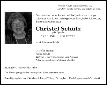 Todesanzeige von Christel Schütz von saarbruecker_zeitung