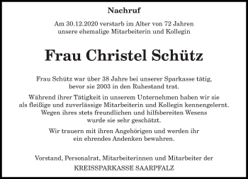 Todesanzeige von Christel Schütz von saarbruecker_zeitung