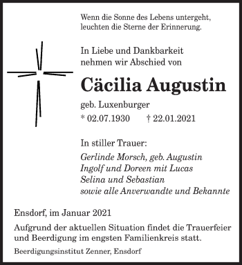 Todesanzeige von Cäcilia Augustin von saarbruecker_zeitung