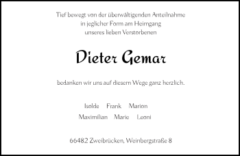 Todesanzeige von Dieter Gemar von saarbruecker_zeitung