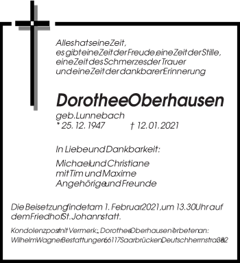 Todesanzeige von Dorothee Oberhausen von saarbruecker_zeitung
