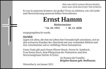 Todesanzeige von Ernst Hamm von saarbruecker_zeitung