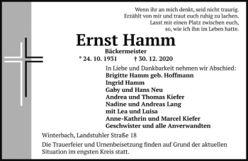 Todesanzeige von Ernst Hamm von saarbruecker_zeitung