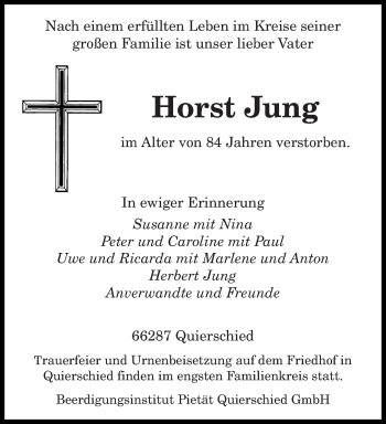 Todesanzeige von Horst Jung von saarbruecker_zeitung