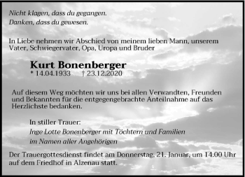 Todesanzeige von Kurt Bonenberger von saarbruecker_zeitung