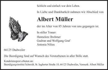 Todesanzeige von Albert Müller von saarbruecker_zeitung