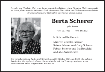 Todesanzeige von Berta Scherer von saarbruecker_zeitung