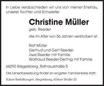 Todesanzeige von Christine Müller von saarbruecker_zeitung