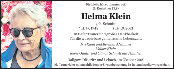 Todesanzeige von Helma Klein von saarbruecker_zeitung