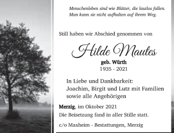 Todesanzeige von Hilde Mautes von saarbruecker_zeitung