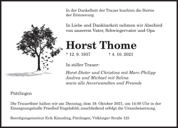 Todesanzeige von Horst Thome von saarbruecker_zeitung