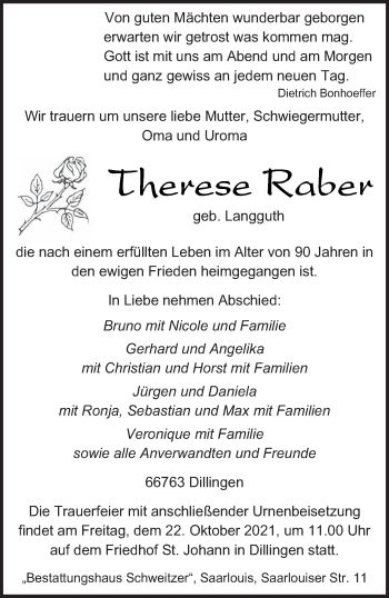 Todesanzeige von Therese Raber von saarbruecker_zeitung