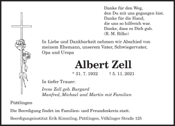 Todesanzeige von Albert Zell von saarbruecker_zeitung
