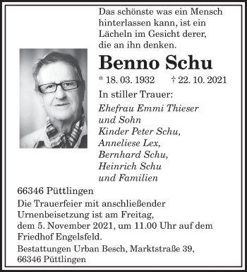 Todesanzeige von Benno Schu von saarbruecker_zeitung