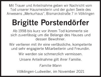 Todesanzeige von Brigitte Porstendörfer von saarbruecker_zeitung