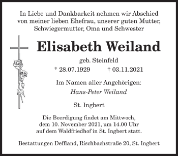 Todesanzeige von Elisabeth Weiland von saarbruecker_zeitung