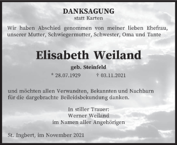 Todesanzeige von Elisabeth Weiland von saarbruecker_zeitung