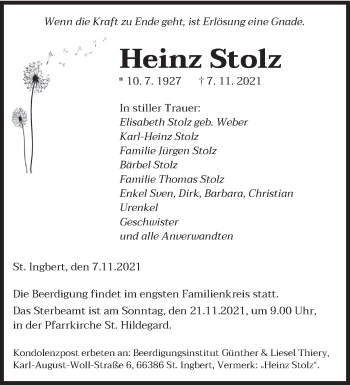 Todesanzeige von Heinz Stolz von saarbruecker_zeitung