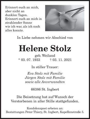 Todesanzeige von Helene Stolz von saarbruecker_zeitung