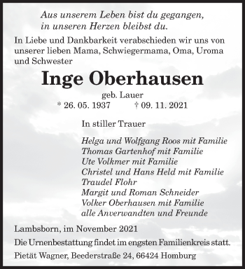 Todesanzeige von Inge Oberhausen von saarbruecker_zeitung