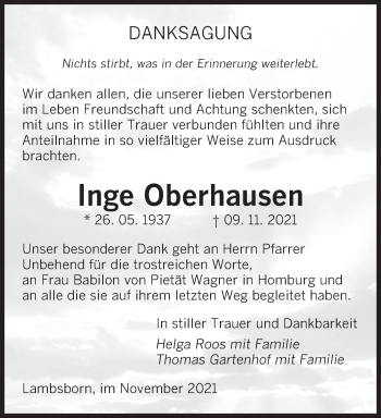 Todesanzeige von Inge Oberhausen von saarbruecker_zeitung