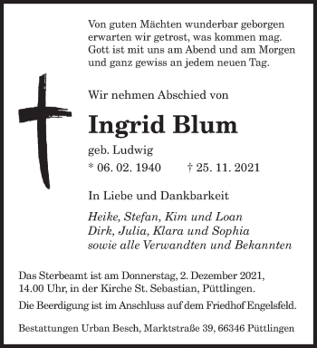 Todesanzeige von Ingrid Blum von saarbruecker_zeitung
