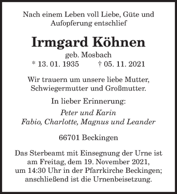 Todesanzeige von Irmgard Köhnen von saarbruecker_zeitung