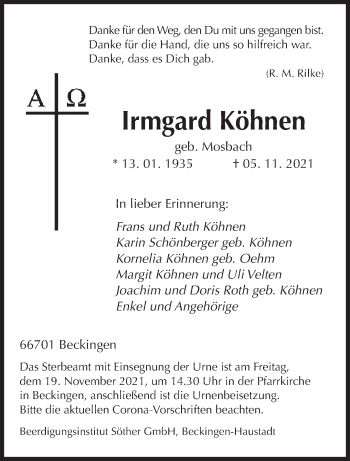 Todesanzeige von Irmgard Köhnen von saarbruecker_zeitung