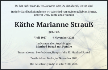 Todesanzeige von Käthe Marianne Strauß von saarbruecker_zeitung