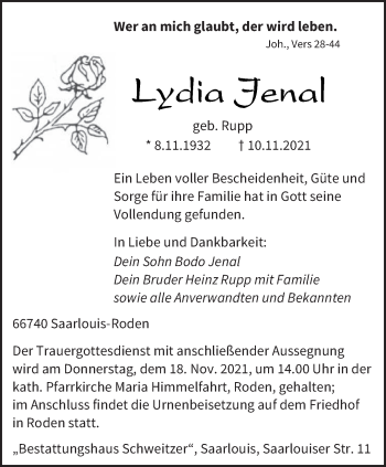 Todesanzeige von Lydia Jenal von saarbruecker_zeitung