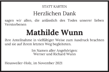 Todesanzeige von Mathilde Wunn von saarbruecker_zeitung