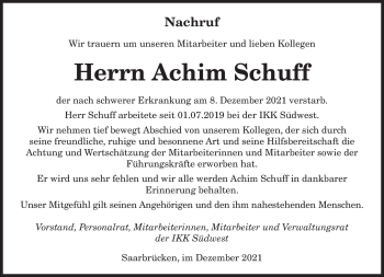 Todesanzeige von Achim Schuff von saarbruecker_zeitung